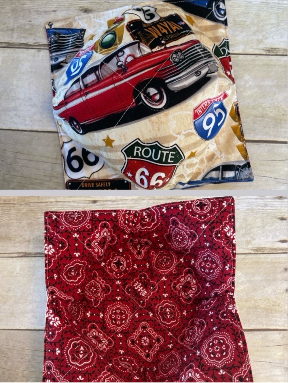 Microwave /Ice Cream Bowl Reversible Old Car/Red Bandana Cotton Bowl